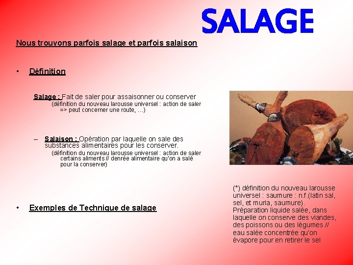 Nous trouvons parfois salage et parfois salaison • SALAGE Définition Salage : Fait de