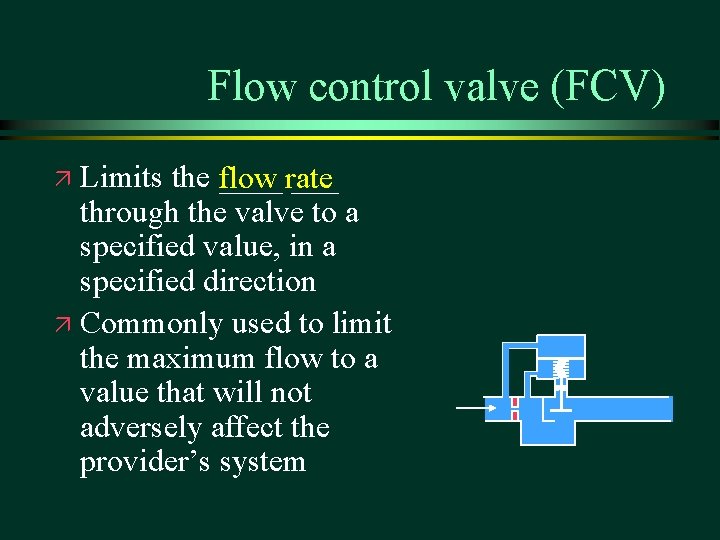 Flow control valve (FCV) Limits the ____ flow rate through the valve to a