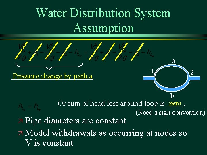 Water Distribution System Assumption a Pressure change by path a 1 2 b zero
