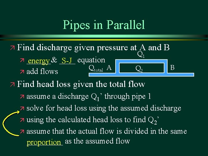 Pipes in Parallel ä Find discharge given pressure at A and B ä ______&
