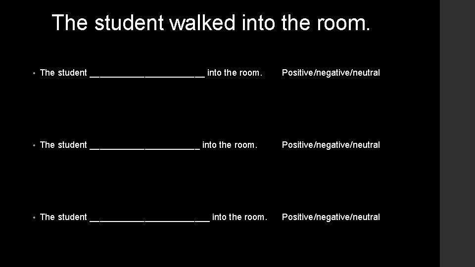 The student walked into the room. • The student ____________ into the room. Positive/negative/neutral