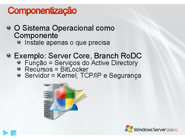 Componentização O Sistema Operacional como Componente Instale apenas o que precisa Exemplo: Server Core,