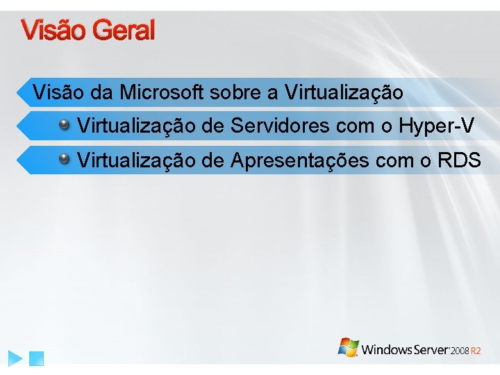 Visão Geral Visão da Microsoft sobre a Virtualização de Servidores com o Hyper-V Virtualização