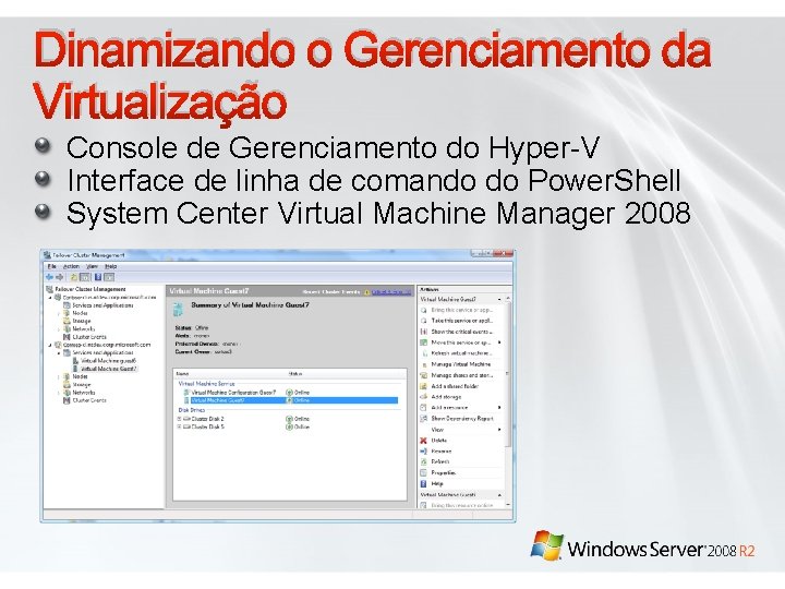 Dinamizando o Gerenciamento da Virtualização Console de Gerenciamento do Hyper-V Interface de linha de