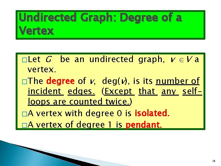 Undirected Graph: Degree of a Vertex � Let G be an undirected graph, v