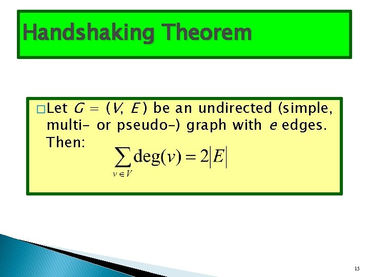 Handshaking Theorem G = (V, E ) be an undirected (simple, multi- or pseudo-)