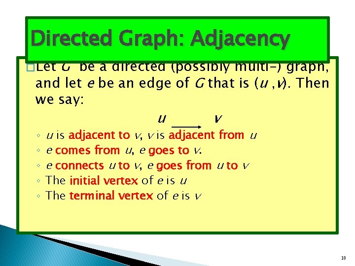 Directed Graph: Adjacency G be a directed (possibly multi-) graph, and let e be