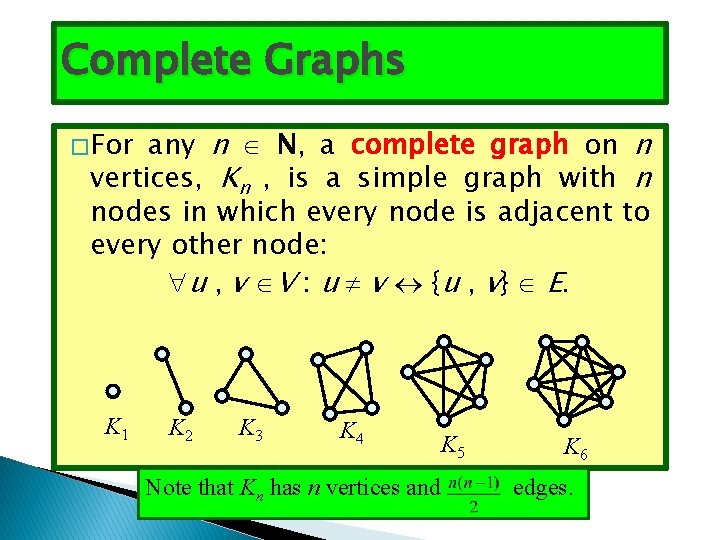Complete Graphs any n N, a complete graph on n vertices, Kn , is
