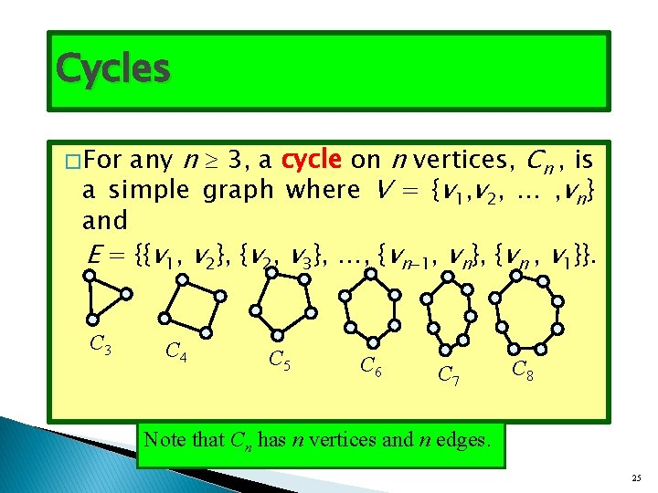 Cycles any n 3, a cycle on n vertices, Cn , is a simple