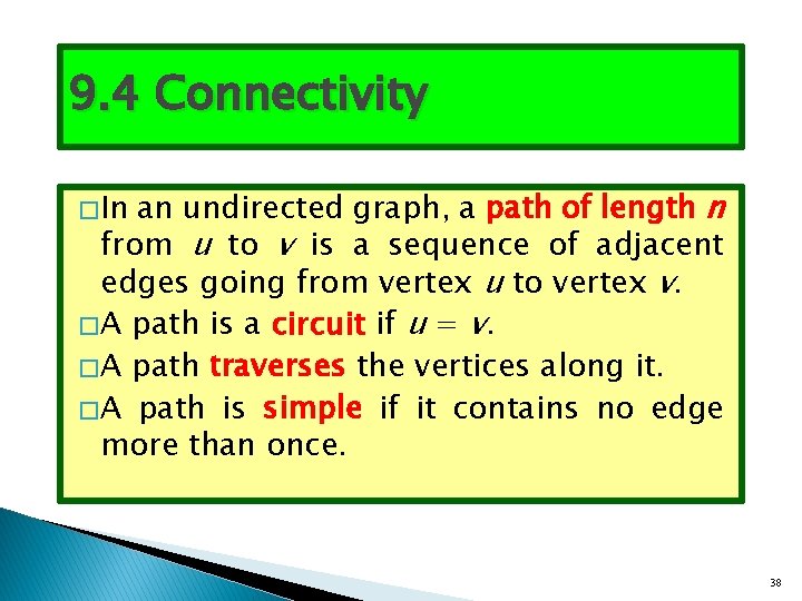 9. 4 Connectivity an undirected graph, a path of length n from u to