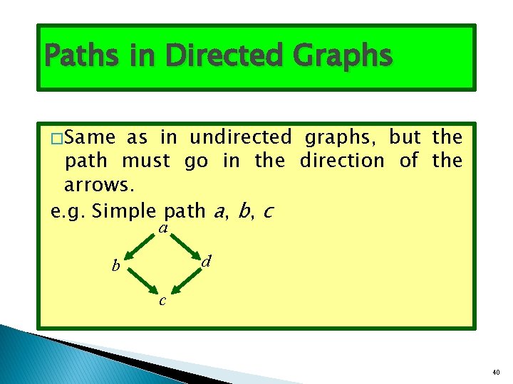 Paths in Directed Graphs � Same as in undirected graphs, but the path must