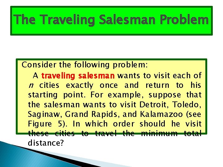 The Traveling Salesman Problem Consider the following problem: A traveling salesman wants to visit