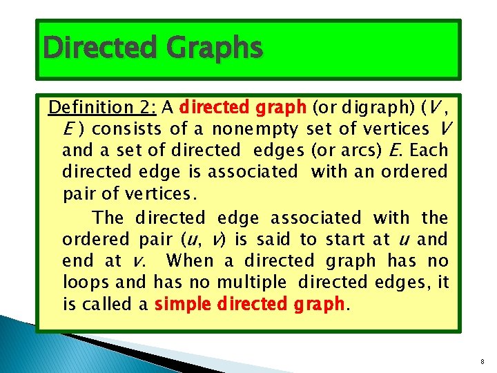 Directed Graphs Definition 2: A directed graph (or digraph) (V , E ) consists