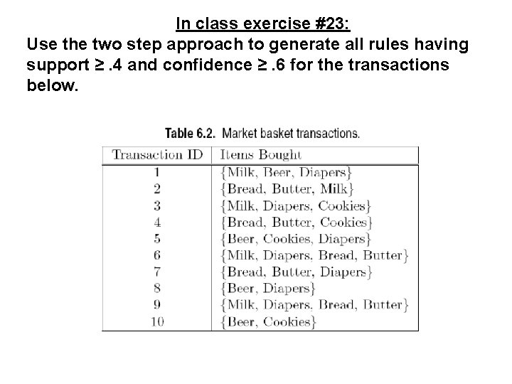 In class exercise #23: Use the two step approach to generate all rules having