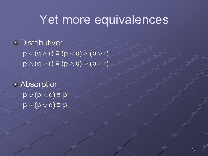 Yet more equivalences Distributive: p (q r) ≡ (p q) (p r) Absorption p
