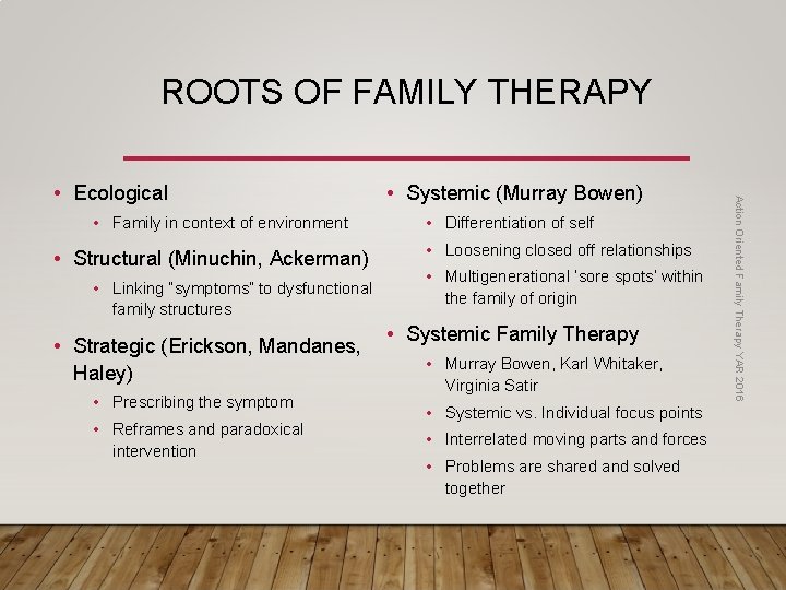 ROOTS OF FAMILY THERAPY • Family in context of environment • Structural (Minuchin, Ackerman)