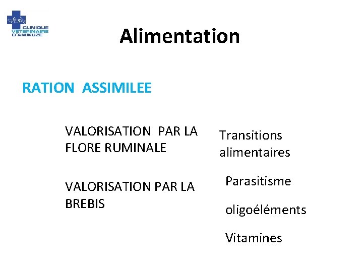 Alimentation RATION ASSIMILEE VALORISATION PAR LA FLORE RUMINALE Transitions alimentaires VALORISATION PAR LA BREBIS