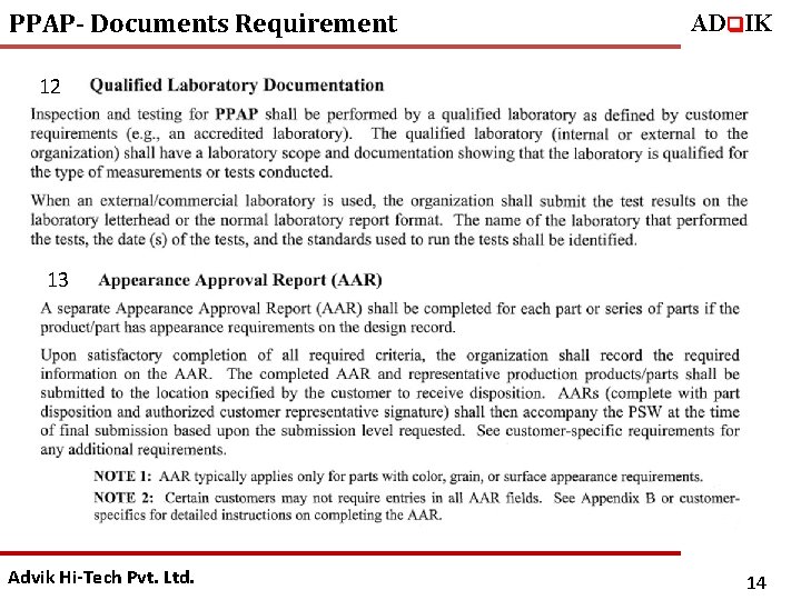 PPAP- Documents Requirement ADq. IK 12 13 Advik Hi-Tech Pvt. Ltd. 14 