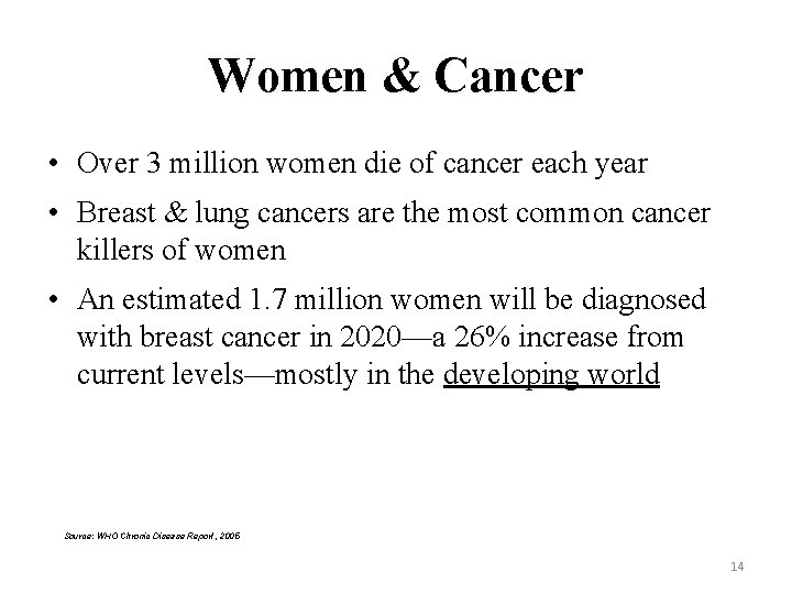 Women & Cancer • Over 3 million women die of cancer each year •