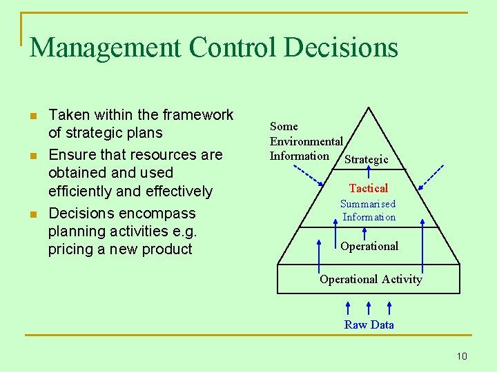 Management Control Decisions n n n Taken within the framework of strategic plans Ensure