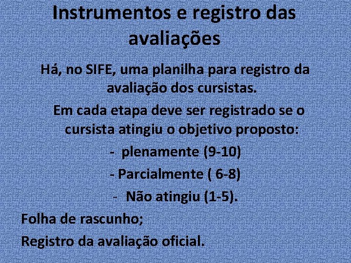 Instrumentos e registro das avaliações Há, no SIFE, uma planilha para registro da avaliação