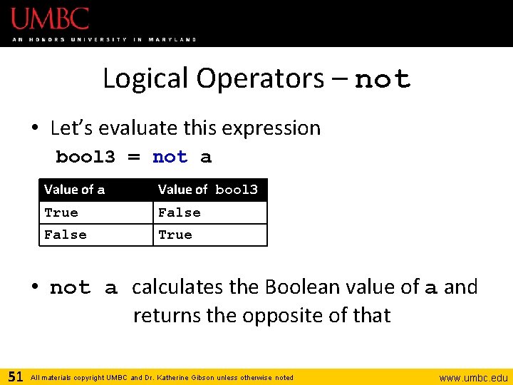 Logical Operators – not • Let’s evaluate this expression bool 3 = not a