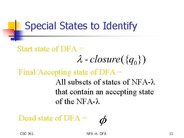 Special States to Identify Start state of DFA = Final/Accepting state of DFA =