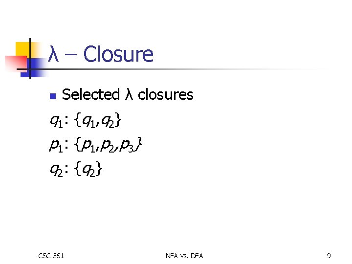λ – Closure n Selected λ closures q 1: { q 1, q 2}