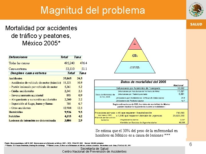 Magnitud del problema Mortalidad por accidentes de tráfico y peatones, México 2005* Defunciones Todas