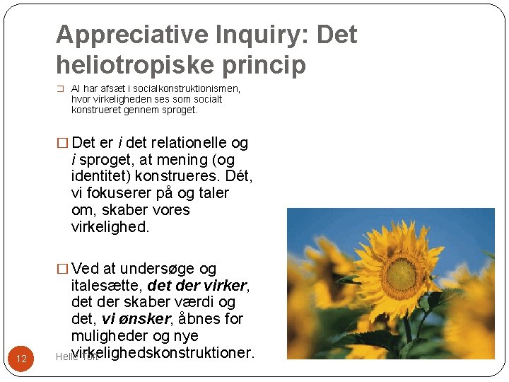 Appreciative Inquiry: Det heliotropiske princip � AI har afsæt i socialkonstruktionismen, hvor virkeligheden ses