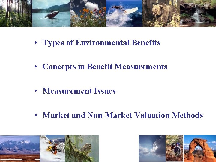  • Types of Environmental Benefits • Concepts in Benefit Measurements • Measurement Issues