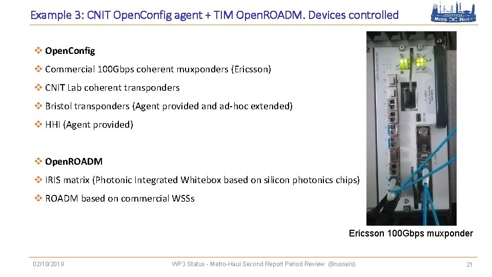 Example 3: CNIT Open. Config agent + TIM Open. ROADM. Devices controlled v Open.