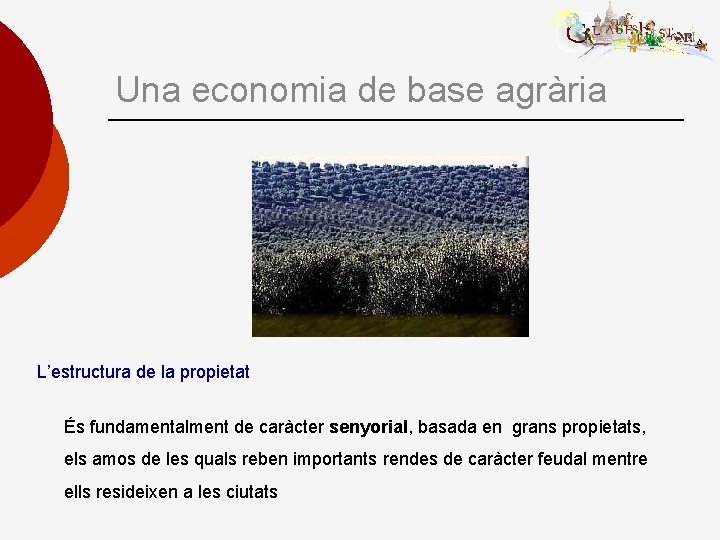 Una economia de base agrària L’estructura de la propietat És fundamentalment de caràcter senyorial,