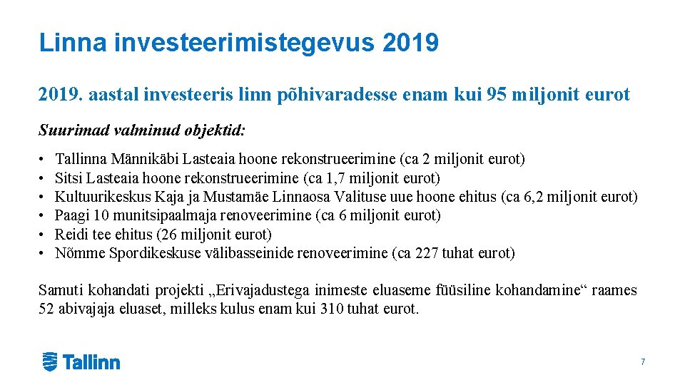 Linna investeerimistegevus 2019. aastal investeeris linn põhivaradesse enam kui 95 miljonit eurot Suurimad valminud