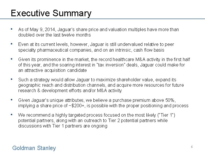 Executive Summary • As of May 9, 2014, Jaguar’s share price and valuation multiples