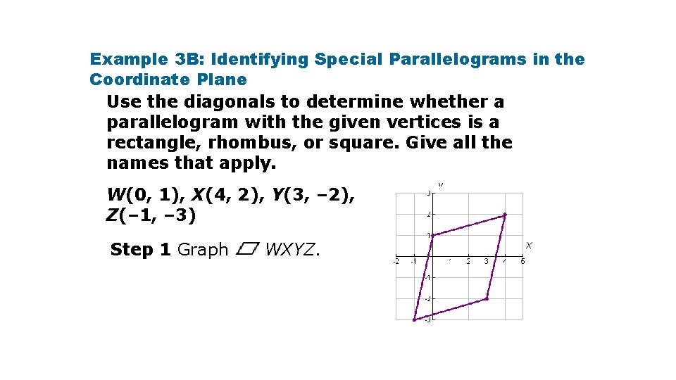 Example 3 B: Identifying Special Parallelograms in the Coordinate Plane Use the diagonals to