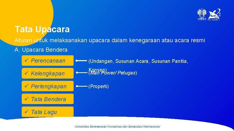 Tata Upacara Aturan untuk melaksanakan upacara dalam kenegaraan atau acara resmi A. Upacara Bendera