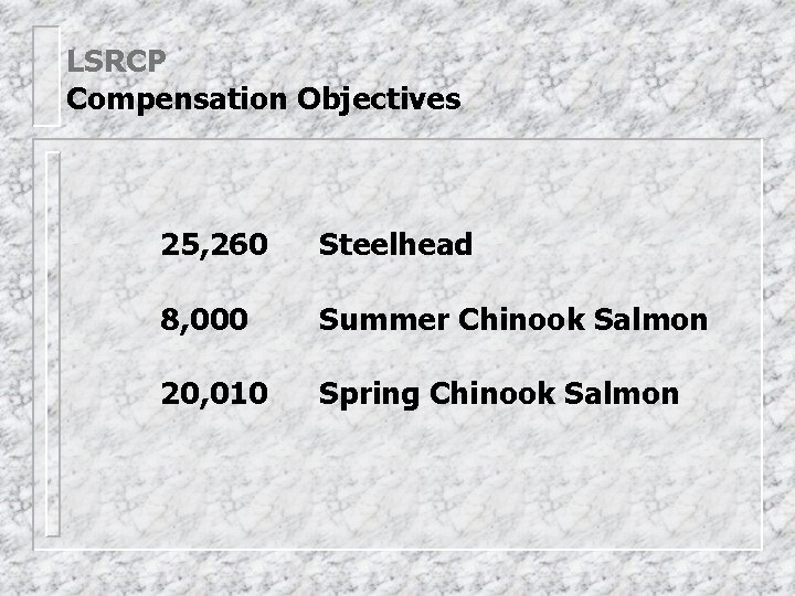 LSRCP Compensation Objectives 25, 260 Steelhead 8, 000 Summer Chinook Salmon 20, 010 Spring