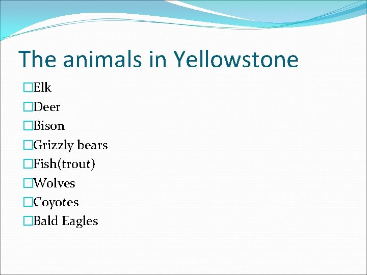 The animals in Yellowstone �Elk �Deer �Bison �Grizzly bears �Fish(trout) �Wolves �Coyotes �Bald Eagles