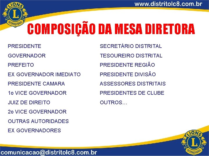 COMPOSIÇÃO DA MESA DIRETORA PRESIDENTE SECRETÁRIO DISTRITAL GOVERNADOR TESOUREIRO DISTRITAL PREFEITO PRESIDENTE REGIÃO EX
