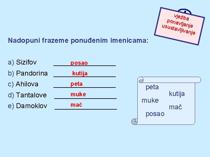 vježb pona a v usust ljanje avljiva nje Nadopuni frazeme ponuđenim imenicama: a) Sizifov