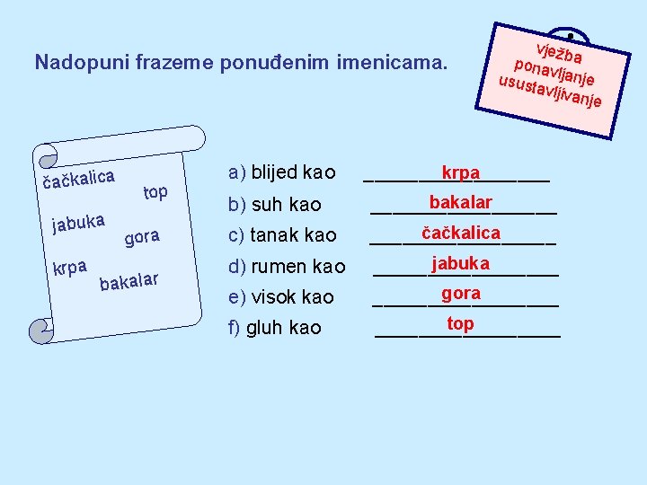 Nadopuni frazeme ponuđenim imenicama. čačkalica jabuka krpa top gora bakalar a) blijed kao vježb