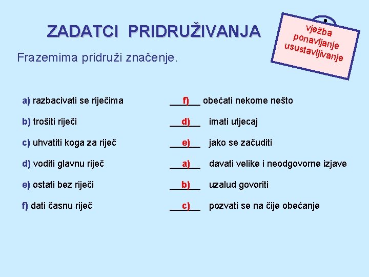 ZADATCI PRIDRUŽIVANJA Frazemima pridruži značenje. vježb pona a v usust ljanje avljiva nje a)