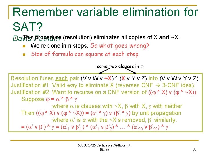 Remember variable elimination for SAT? q This procedure (resolution) eliminates all copies of X