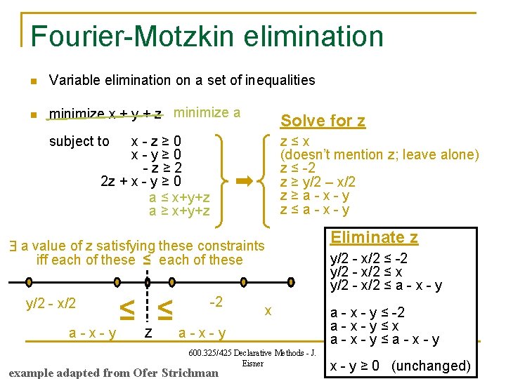 Fourier-Motzkin elimination n Variable elimination on a set of inequalities n minimize x +