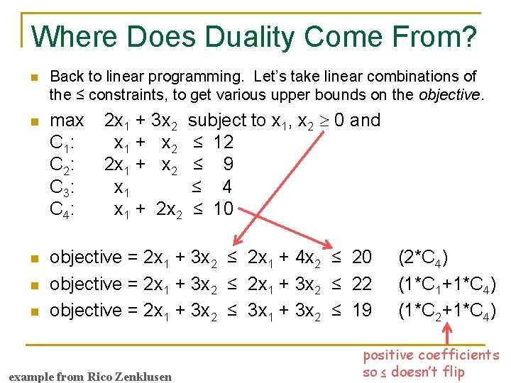 Where Does Duality Come From? n Back to linear programming. Let’s take linear combinations