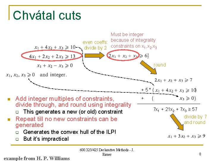 Chvátal cuts Must be integer even coeffs: because of integrality divide by 2 constraints