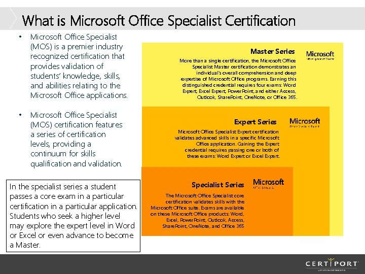 What is Microsoft Office Specialist Certification • • Microsoft Office Specialist (MOS) is a