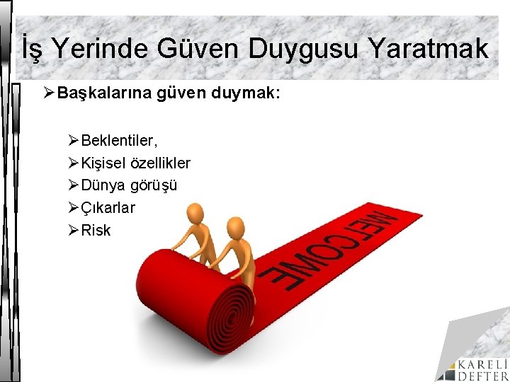 İş Yerinde Güven Duygusu Yaratmak ØBaşkalarına güven duymak: ØBeklentiler, ØKişisel özellikler ØDünya görüşü ØÇıkarlar