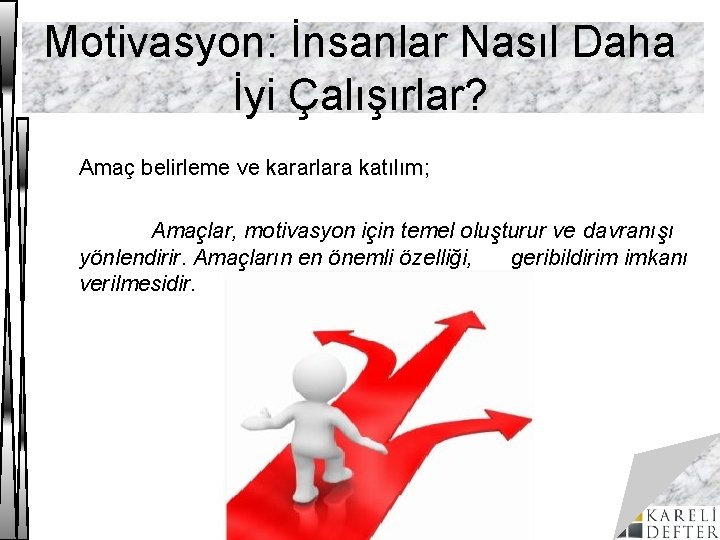 Motivasyon: İnsanlar Nasıl Daha İyi Çalışırlar? Amaç belirleme ve kararlara katılım; Amaçlar, motivasyon için